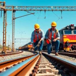 Workers engaged in ows rail maintenance in a busy rail yard with trains in the background.
