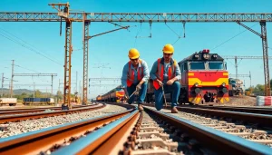 Workers engaged in ows rail maintenance in a busy rail yard with trains in the background.
