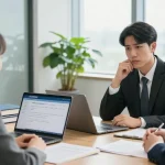 개인회생 상담 중인 변호사와 고객, 법률 서류와 컴퓨터가 있는 현대적인 사무실 모습