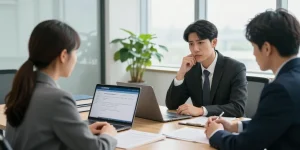 개인회생 상담 중인 변호사와 고객, 법률 서류와 컴퓨터가 있는 현대적인 사무실 모습
