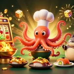 Les meilleurs bonus casino illustrés par un chef sushi en 3D entouré de dragons et de symboles de machines à sous.