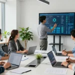 Proactive London business IT support team collaborating on cybersecurity solutions and monitoring dashboards.