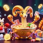 Illustration dynamique d'un casino en ligne légal en France avec un bol de ramen doré et des personnages amusants.