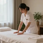 1인샵 마사지 공간의 따뜻한 분위기와 전문 관리사 준비 모습