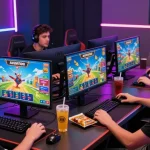 Aviator 1xbet players engaged in thrilling game play in a vibrant gaming setup.