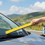 Inspecting a soft wiper blade for vehicles in a scenic outdoor setting.