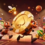 rokok88 features a heist scene with cartoon ants and dynamic gambling elements, showcasing excitement and action.