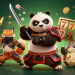 Play iwin with a fierce samurai panda and ninja fox amidst vibrant casino elements.