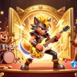 Engage with slot mahjong ways 2 in this vibrant casino scene featuring rock star wolf and drummer bear.