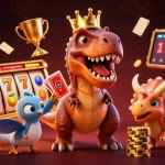 Illustration dynamique de casino en ligne France légal avec un T-Rex jouant aux cartes entouré de jeux et trophées.