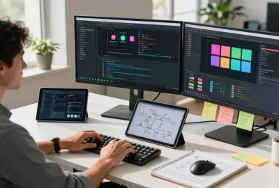 Efficient workspace for 截图工具下载 showcasing a developer coding with dual monitors in a bright office.