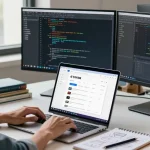 Developer utilizing 纸飞机中文版官网 in a modern workspace with multiple monitors and coding elements.