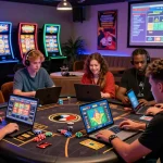 Players enjoying diverse games at new credit card casino sites in a vibrant lounge setting, showcasing excitement and engagement.