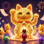 Experience the vibrant world of mekar11 daftar with dynamic lottery elements and a lucky cat in 3D illustration.