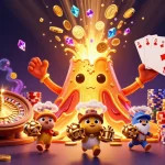 This vibrant scene showcasing judi bola spbo captures the excitement of a casino with characters and lively gambling elements.