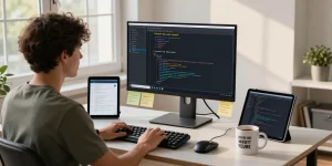 Engaging workspace showcasing 纸飞机下载 coding interface on a developer's monitor in a modern office.