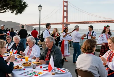 Polish community gathering celebrating heritage in San Francisco at https://www.sfpol.com/ with cultural activities and traditional foods.