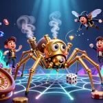 Experience thrilling gameplay with the remarkable Thabet spider weaving golden chains in this vibrant casino scene.