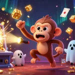 S8 offers thrilling jackpot chances with a mischievous monkey and ghost-hunter puppy in a vibrant casino scene