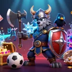 Engage in judi bola betting with a fierce Viking wolf warrior, dragon, and dynamic game elements.